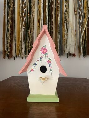 Hand-Painted Floral ceramic Birdhouse in Pink, White & Green